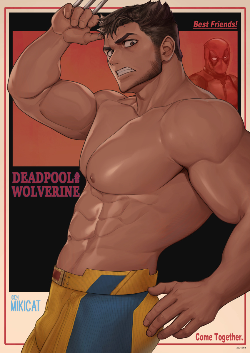 1boy abs absurdres bara claw_(weapon) copyright_name deadpool deadpool_&_wolverine deadpool_(series) english_text highres large_pectorals looking_at_viewer male_focus marvel marvel_cinematic_universe mikicat muscular muscular_male navel nipples pants pectorals solo teeth topless_male weapon wolverine_(x-men) yellow_pants