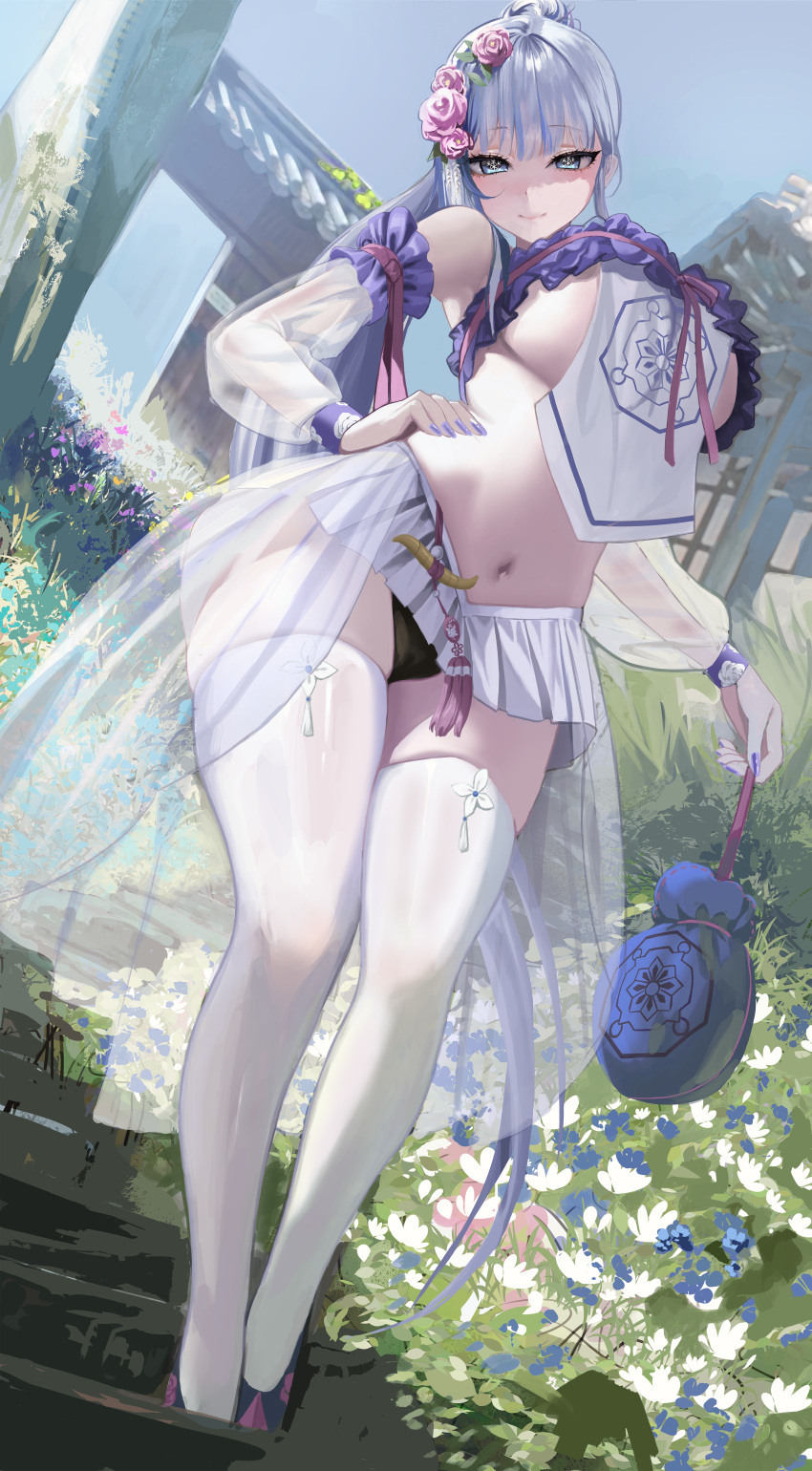 absurdres bare_shoulders black_panties blue_eyes blue_hair breasts closed_mouth commentary commission crop_top detached_sleeves egoswans female flower grey_hair hair_flower hair_ornament hand_on_own_hip highres holding large_breasts long_hair looking_at_viewer microskirt multicolored_hair navel original panties pink_flower pink_rose ponytail rose see-through see-through_sleeves skindentation skirt smile snowflake_in_eye solo stomach streaked_hair symbol-shaped_pupils thighhighs thighs underboob underwear very_long_hair white_skirt white_thighhighs