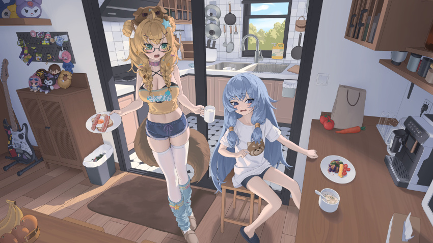 2girls absurdres bare_arms bare_shoulders black-framed_eyewear blonde_hair blue_eyes blue_hair blue_shorts braid breakfast breasts choker cleavage criss-cross_halter crop_top dolphin_shorts double_bun drawstring glasses green_eyes hair_bun halterneck highres holding holding_plate indoors large_breasts long_hair loose_socks midriff multiple_girls navel oerba_yun_fang open_mouth original pink_choker plate rui_(rei_leyi) semi-rimless_eyewear shirt short_shorts shorts skindentation sleeveless sleeveless_shirt slippers socks spaghetti_strap stomach thighhighs thighs twin_braids under-rim_eyewear v-shaped_eyebrows very_long_hair white_shirt white_thighhighs yellow_shirt