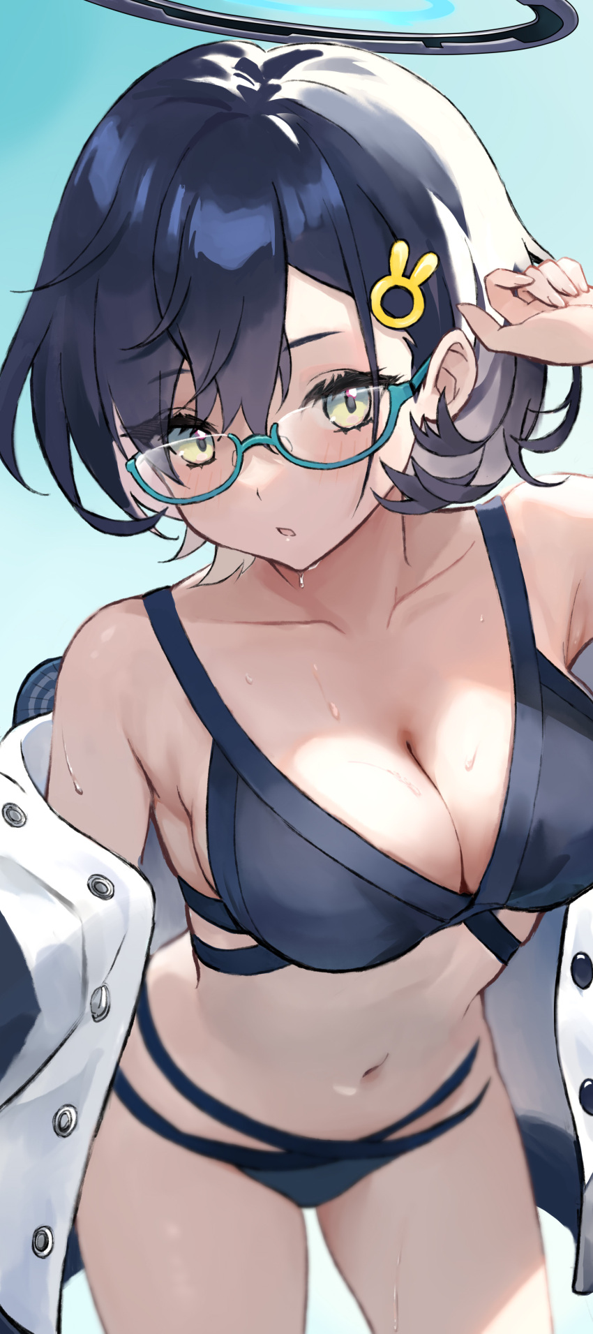 absurdres bikini black_bikini black_hair blue_archive blue_background breasts chihiro_(blue_archive) commentary_request female glasses green_eyes hair_ornament hairclip halo highres jacket large_breasts looking_at_viewer mechanical_halo navel open_clothes open_jacket saibashi_(develop_komono) short_hair solo standing sweat swimsuit white_halo white_jacket