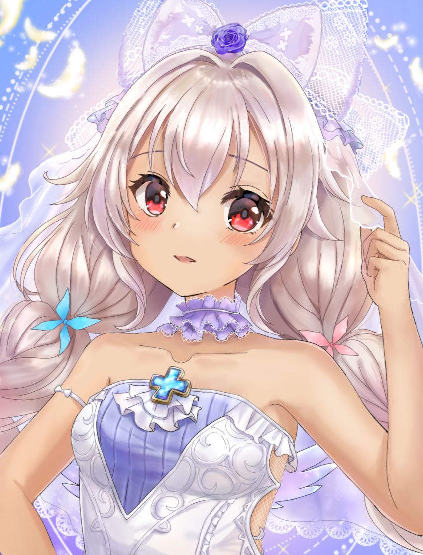 bare_arms bare_shoulders blush bow breasts collarbone commentary_request dress female flower grey_hair hair_between_eyes hair_flower hair_ornament hairbow hand_up highres long_hair looking_at_viewer low_twintails mireille_lerner parted_lips purple_flower purple_rose red_eyes rose shironeko_project small_breasts solo strapless strapless_dress sunameri_(pixiv3564245) tan twintails white_dress