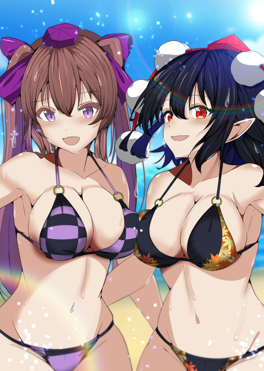 2girls alternate_costume bikini black_bikini black_bra black_hair blue_sky bow bra breasts brown_hair checkered_bikini checkered_clothes cleavage collarbone commentary_request hairbow hat highres himekaidou_hatate kitaura_kasumi large_breasts leaf_print long_hair looking_at_viewer midriff multiple_girls navel ocean outdoors pointy_ears pom_pom_(clothes) purple_bikini purple_eyes rainbow red_bow red_eyes shameimaru_aya short_hair sky smile stomach swimsuit tokin_hat touhou twintails two_side_up underwear wet wet_face wet_hair