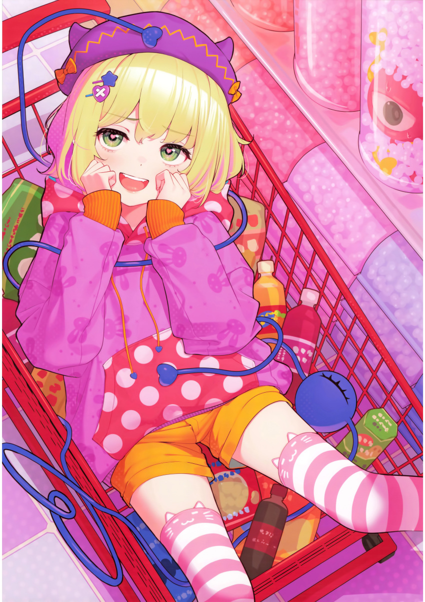 :d absurdres alternate_costume animal_print blonde_hair bow candy female food green_eyes hair_ornament hands_on_own_cheeks hands_on_own_face hat hat_bow heart heart-shaped_pupils heart_hair_ornament heart_of_string highres in_shopping_cart jacket kanpa_(campagne_9) komeiji_koishi long_sleeves orange_bow orange_shorts pink_thighhighs purple_hat purple_jacket rabbit_print scan shopping_cart short_hair shorts smile soda_bottle solo star_(symbol) star_hair_ornament striped_clothes striped_thighhighs symbol-shaped_pupils teeth thighhighs third-party_source touhou upper_teeth_only