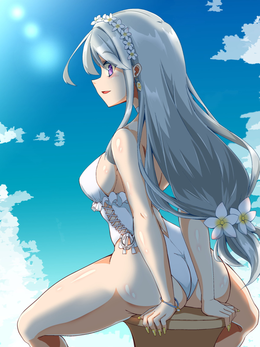 ass asymmetrical_bangs blue_sky casual_one-piece_swimsuit cloud female flower frilled_one-piece_swimsuit frills from_behind grey_hair hair_flower hair_ornament hairband highleg highleg_one-piece_swimsuit highres kantai_collection lens_flare long_hair mushin official_alternate_costume one-piece_swimsuit purple_eyes sagiri_(kancolle) sagiri_kai_(swimsuit_mode)_(kancolle) shawl side-tie_swimsuit sky solo stool swept_bangs swimsuit white_one-piece_swimsuit white_shawl