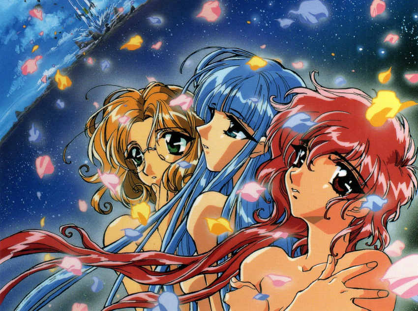 1990s_(style) 3girls bad_source bare_shoulders covering_breasts covering_privates curly_hair falling_petals glasses hair_undone highres hououji_fuu ishida_atsuko long_hair magic_knight_rayearth multiple_girls official_art petals retro_artstyle ryuuzaki_umi scan shidou_hikaru short_hair third-party_source