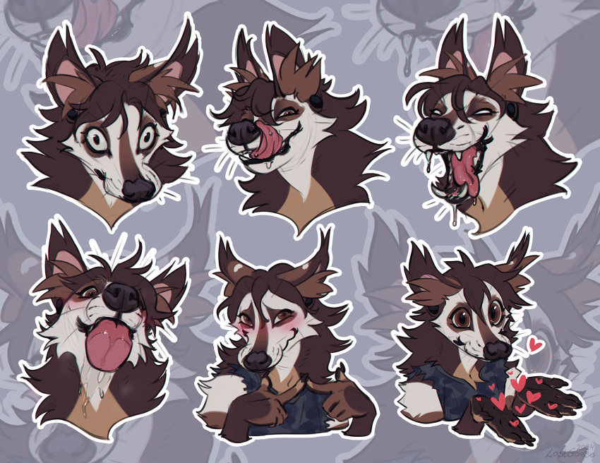 anthro blush brown_eyes brown_hair empty_eyes hair heart_symbol hi_res licking_glass lostgoose lostgoose_(character) male mammal sticker sticker_pack telegram_sticker viverrid