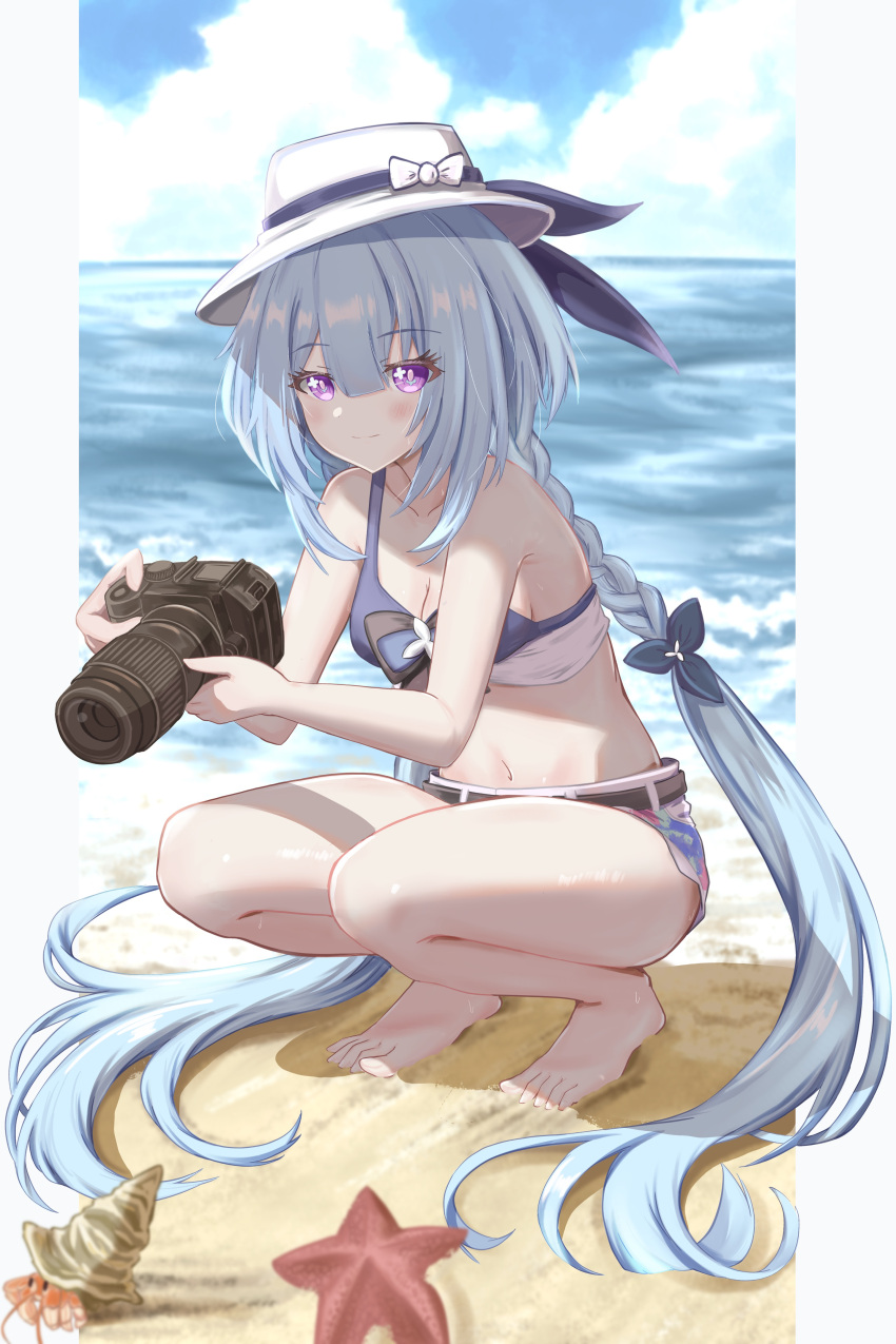 absurdres beach bikini bikini_top_only blue_bikini blue_hair braid camera closed_mouth commentary denim denim_shorts female full_body griseo hat hermit_crab highres holding holding_camera honkai_(series) honkai_impact_3rd light_blue_hair long_hair looking_at_viewer ocean official_alternate_costume purple_eyes sand shorts solo squatting starfish swimsuit twin_braids very_long_hair white_hat zhuluoluo