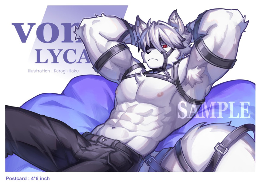 1boy abs animal_ears armpits arms_behind_head artist_name bara biceps black_pants character_name colored_tips english_commentary english_text eyepatch furry furry_male kerogi_haku looking_at_viewer male_focus merchandise merchandise_available multicolored_hair muscular muscular_male navel nipples one_eye_covered pants pectorals red_eyes sitting tail tail_belt topless_male von_lycaon watermark wolf_boy wolf_ears wolf_tail zenless_zone_zero