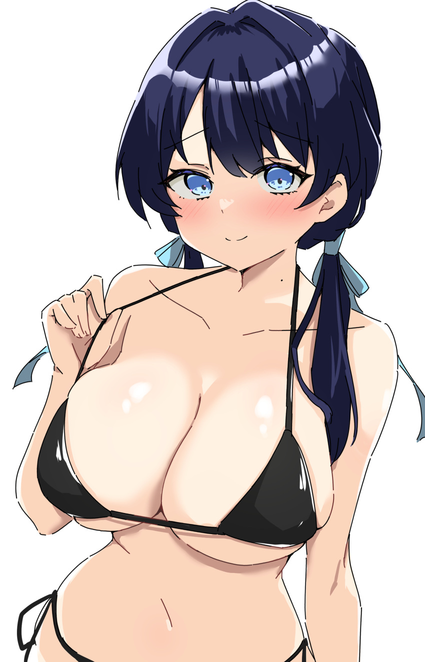 absurdres alternate_breast_size alternate_costume bikini black_bikini blue_eyes blue_hair blue_ribbon blush breasts cleavage closed_mouth collarbone commentary_request dark_blue_hair female hair_ribbon highres large_breasts link!_like!_love_live! long_hair looking_at_viewer love_live! low_twintails micro_bikini mole mole_on_neck murano_sayaka navel ribbon rokoroko_65 side-tie_bikini_bottom simple_background smile solo split_mouth stomach strap_lift string_bikini swimsuit twintails upper_body virtual_youtuber white_background