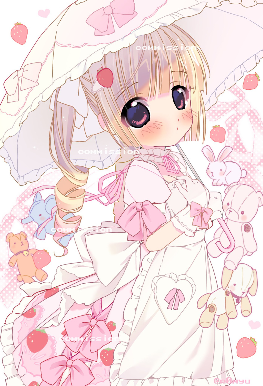 2000s_(style) apron blonde_hair blush bow breasts choker cleavage commentary commission dress drill_hair english_commentary female food-themed_hair_ornament food_print frills from_side gloves hair_ornament highres holding holding_umbrella lace lolita_fashion long_hair looking_at_viewer original parasol petite pink_dress print_dress ribbon ryuudouji_(p0myu) small_breasts solo standing strawberry_hair_ornament strawberry_print stuffed_animal stuffed_toy sweet_lolita twintails umbrella watermark white_apron white_gloves