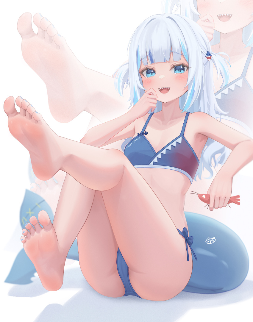 absurdres bare_arms bare_legs barefoot bikini blue_eyes blue_hair blue_nails breasts ebi-chan_(gawr_gura) feet female fins fish_tail flat_chest fpvjoe full_body gawr_gura highres holding hololive hololive_english looking_at_viewer multicolored_hair nail_polish open_mouth shark_tail sharp_teeth simple_background smile soles solo stomach streaked_hair swimsuit tail teeth thighs toes unfinished virtual_youtuber white_background