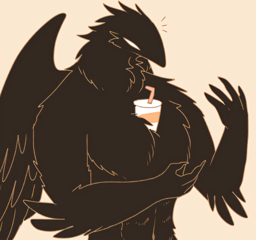 2019 4_fingers anthro avian bird black_body black_feathers corvid corvus_(genus) crow feathers fingers fluffy_chest fur hair hi_res karagarasu_(pegu2726) male muscular muscular_male navel oscine passerine pegu2726 simple_background soda_cup solo wings