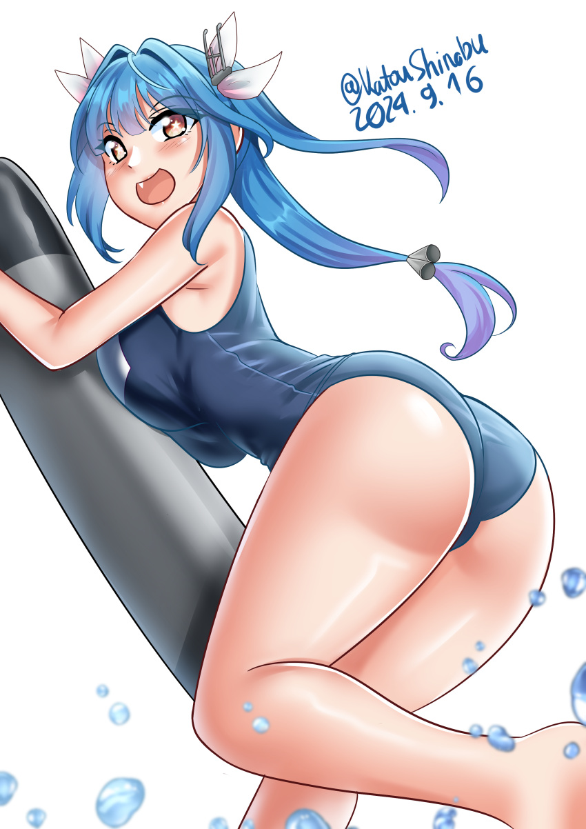 absurdres air_bubble ass back blue_hair blush breast_press breasts bubble cowboy_shot dated fangs female flower-shaped_pupils hair_ribbon highres holding holding_torpedo i-19_(kancolle) kantai_collection katou_shinobu large_breasts long_hair looking_at_viewer name_tag one-piece_swimsuit open_mouth red_eyes ribbon school_swimsuit smile solo swimsuit symbol-shaped_pupils torpedo tri_tails twintails twitter_username underwater