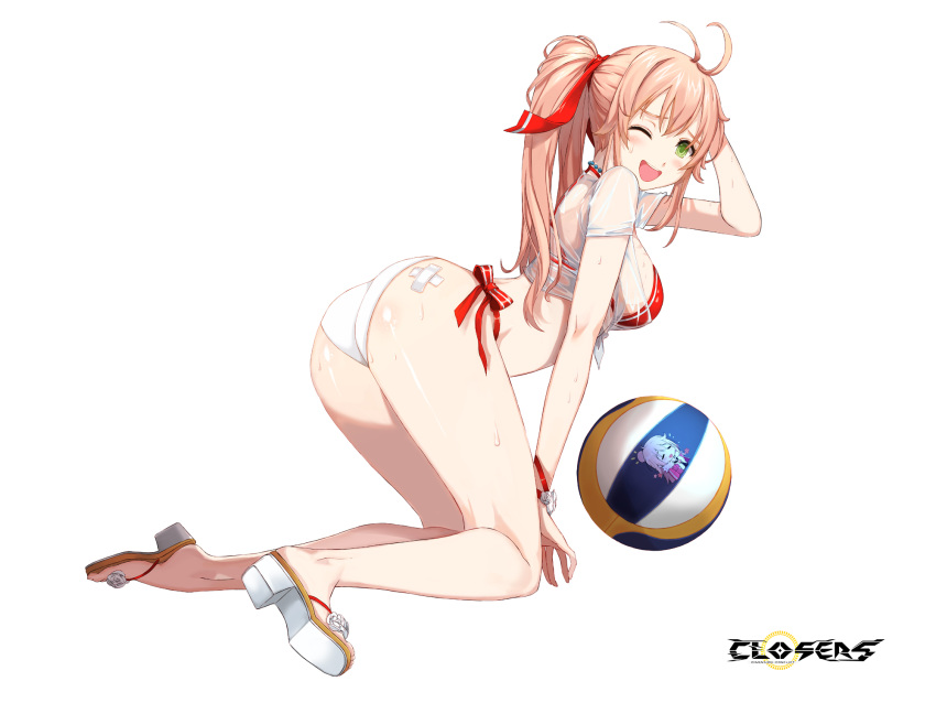 ;d antenna_hair ass bandaid bandaid_on_ass bare_legs bikini blonde_hair blush breasts closers copyright_name crossed_bandaids embarrassed female flower footwear_flower from_side full_body furrowed_brow green_eyes hair_ribbon hand_on_own_head hand_up highres kneeling leaning_forward logo long_hair looking_at_viewer medium_breasts mismatched_bikini official_art one_eye_closed open_mouth ponytail red_bikini red_ribbon ribbon sandals see-through see-through_shirt shirt short_sleeves side-tie_bikini_bottom smile solo soma_(closers) sweat swimsuit tachi-e teeth tied_shirt upper_teeth_only variant_set volleyball wet wet_clothes wet_shirt white_background white_bikini white_flower white_footwear white_shirt wrist_ribbon