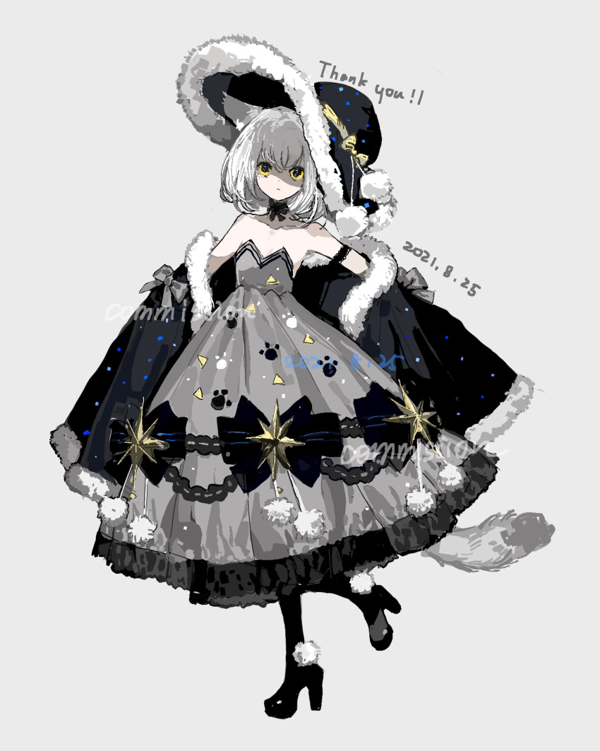 absurdres animal_ears black_bow black_cape black_footwear black_hat bow cape cat_ears cat_girl cat_tail chinese_commentary closed_mouth commentary_request commission dated dress dress_bow english_text expressionless female flat_chest frilled_dress frills full_body fur-trimmed_cape fur-trimmed_headwear fur_trim grey_background grey_dress grey_ribbon hat hat_bow highres medium_hair original paw_print paw_print_pattern pom_pom_(clothes) simple_background solo strapless strapless_dress tail thank_you vihua6 watermark white_hair yellow_bow yellow_eyes