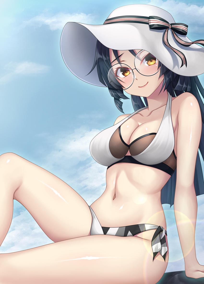 bikini black_hair blue_sky breasts brown_eyes cleavage collarbone day female glasses hair_ribbon hat heian_maru_(kancolle) heian_maru_(swimsuit_mode)_(kancolle) highres kantai_collection large_breasts long_hair looking_at_viewer official_alternate_costume outdoors ribbon round_eyewear ruin_re_birth side-tie_bikini_bottom sky smile solo sun_hat swimsuit two-tone_bikini