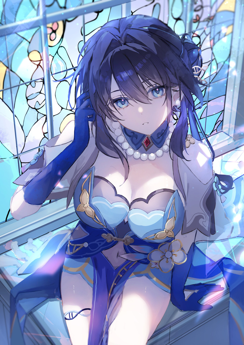 absurdres adjusting_hair arm_support bead_necklace beads black_hair blue_dress blue_eyes blue_gloves breasts capelet detached_collar dress elbow_gloves female gloves hair_between_eyes hair_bun highres honkai:_star_rail honkai_(series) jewelry kagaku_o large_breasts long_hair looking_at_viewer navel necklace parted_lips pearl_necklace ruan_mei_(honkai:_star_rail) single_side_bun solo white_capelet