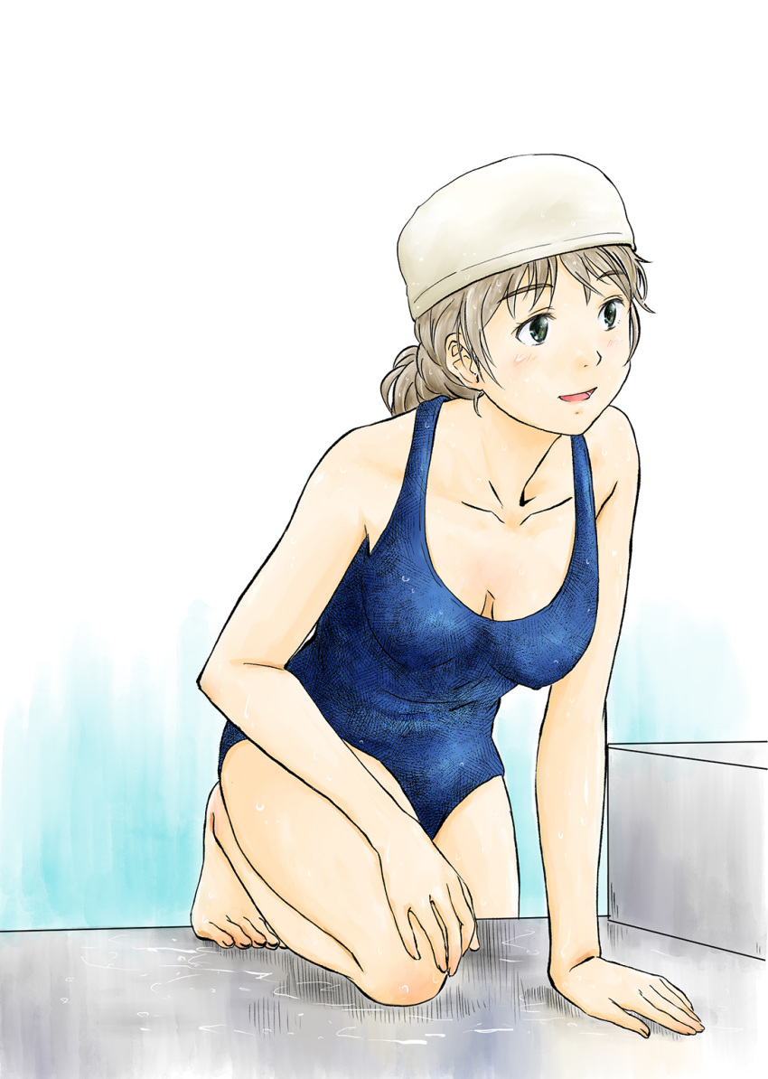 black_eyes blue_one-piece_swimsuit breasts brown_eyes cleavage commentary_request covered_nipples female highres khui medium_breasts one-piece_swimsuit original poolside smile solo swim_cap swimsuit