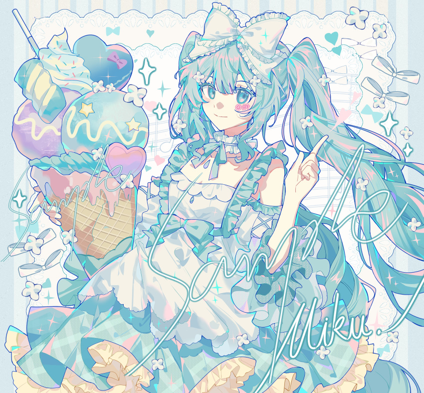 absurdres aqua_eyes aqua_hair border bow breasts cleavage dress female food frilled_dress frills hairbow hatsune_miku heart highres holding holding_food holding_ice_cream holding_ice_cream_cone ice_cream ice_cream_cone lace lace_border lolita_fashion long_hair looking_at_viewer ornate_border oversized_food oversized_object pastel_colors sample_watermark shuxue_lianxice solo sprinkles sweet_lolita twintails very_long_hair vocaloid watermark