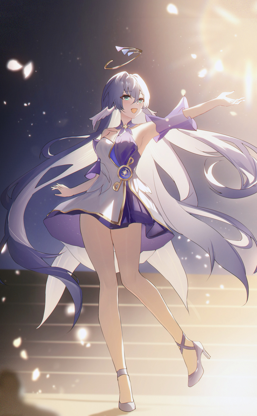 absurdres bare_legs breasts cleavage collar collarbone commentary detached_collar detached_sleeves dress female full_body green_eyes hair_between_eyes halo head_wings high_heels highres honkai:_star_rail honkai_(series) large_breasts long_hair looking_ahead no_gloves open_mouth outstretched_arm purple_collar purple_dress purple_footwear purple_hair purple_sleeves robin_(honkai:_star_rail) sidelocks smile solo standing usagi_(786113654) very_long_hair white_dress white_petals wings