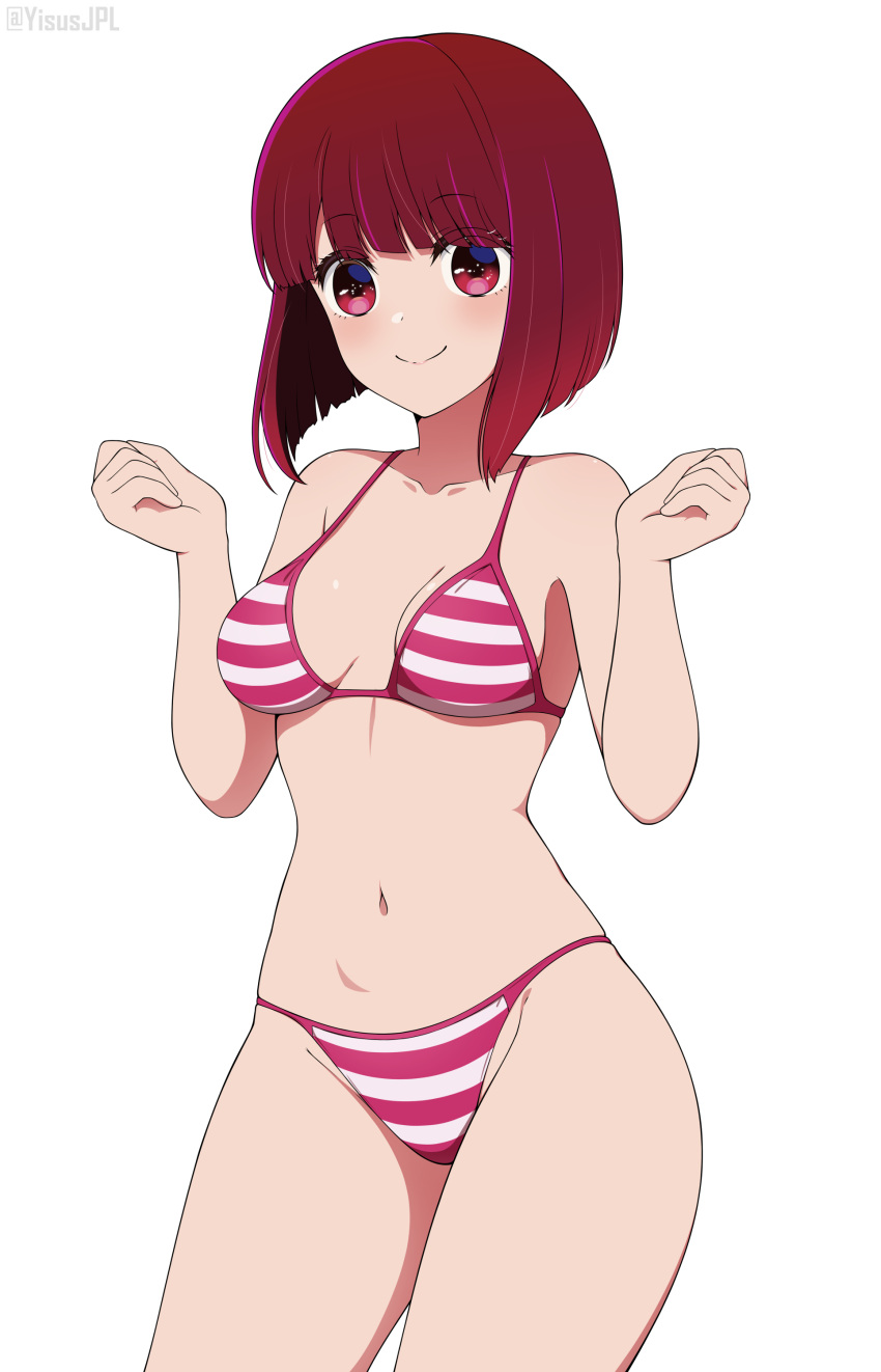 absurdres arima_kana bikini bob_cut breasts female highres medium_breasts oshi_no_ko red_bikini red_eyes red_hair short_hair simple_background smile solo standing striped_bikini striped_clothes swimsuit w_arms white_background yisusjpl