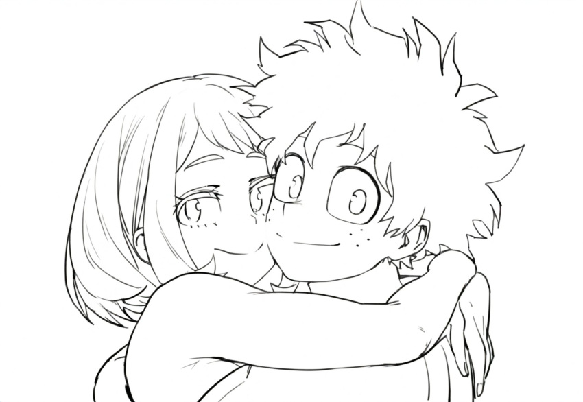 1boy boku_no_hero_academia commentary couple english_commentary female freckles half-closed_eyes high_collar highres hug line_art looking_at_viewer midoriya_izuku monochrome nude parallaxfused short_hair sidelocks smile spiked_hair upper_body uraraka_ochako white_background