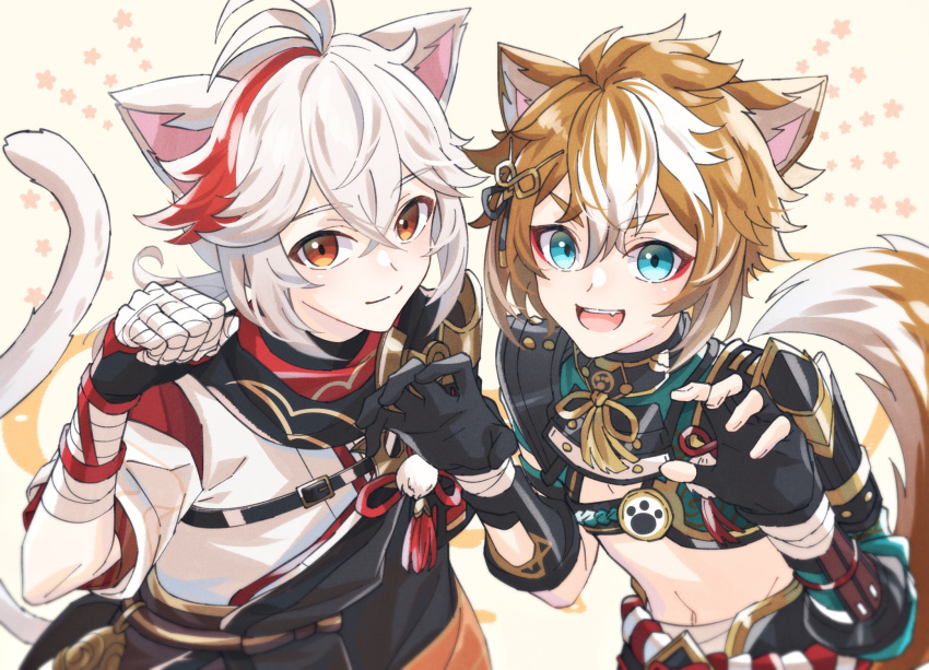 2boys animal_ears antenna_hair bandages black_gloves blush brown_hair cat_boy cat_ears cat_tail closed_mouth crop_top dog_boy dog_ears fingerless_gloves genshin_impact gloves gorou_(genshin_impact) hair_between_eyes hair_ornament highres japanese_clothes kaedehara_kazuha long_hair looking_at_viewer male_focus midriff mizuamememe multicolored_hair multiple_boys navel open_mouth ponytail red_eyes red_hair simple_background smile stomach streaked_hair tail tongue white_hair white_tail