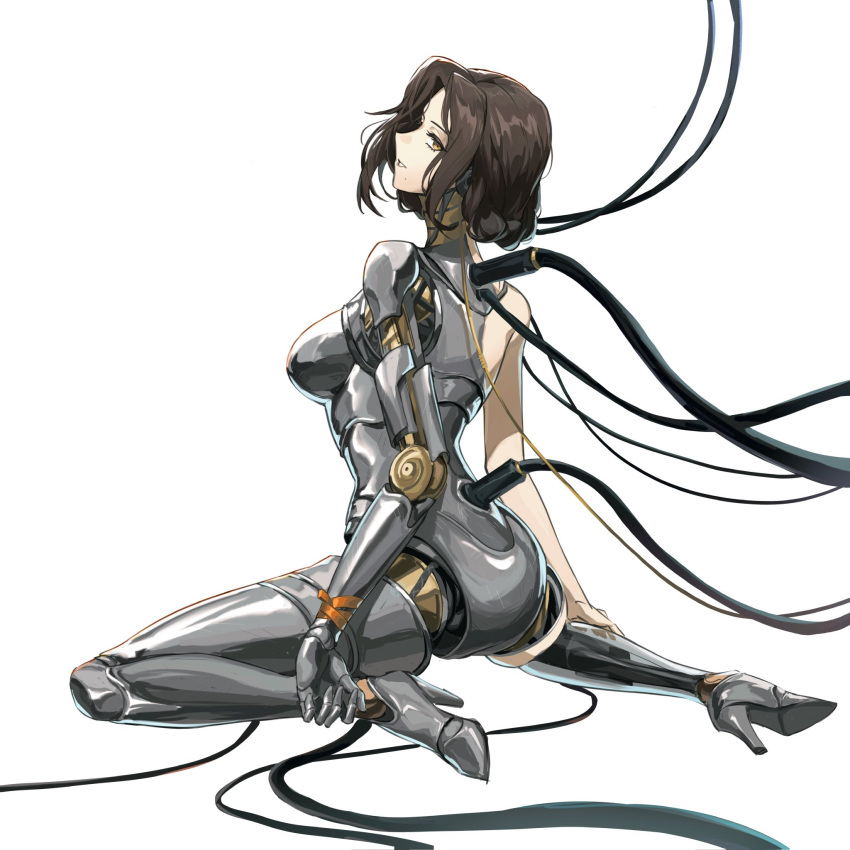 android boogieleo5 breasts brown_hair cable female from_side full_body high_heels highres joints looking_at_viewer lucy_(reverse:1999) medium_breasts metal_skin orange_ribbon profile reverse:1999 ribbon robot_girl robot_joints short_hair sitting solo wariza white_background wrist_ribbon yellow_eyes