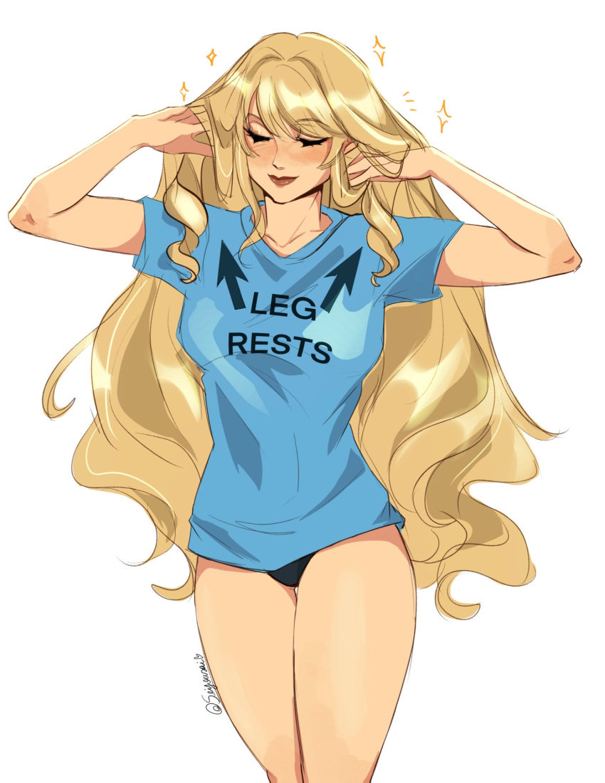 adjusting_hair blonde_hair blue_shirt closed_eyes cropped_legs female genshin_impact highres long_hair navia_(genshin_impact) panties panty_peek parted_lips seijousai shirt smile solo standing underwear very_long_hair