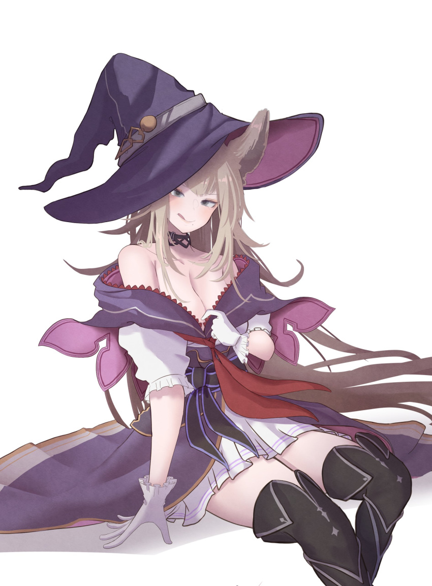 :p absurdres alternate_costume animal_ears boots breasts cleavage commission cosplay erune feet_out_of_frame female gloves granblue_fantasy hat highres large_breasts light_brown_hair long_hair metera_(granblue_fantasy) mole mole_under_mouth ropen_yoji skeb_commission solo thigh_boots tongue tongue_out very_long_hair warlock_(granblue_fantasy) warlock_(granblue_fantasy)_(cosplay) witch_hat