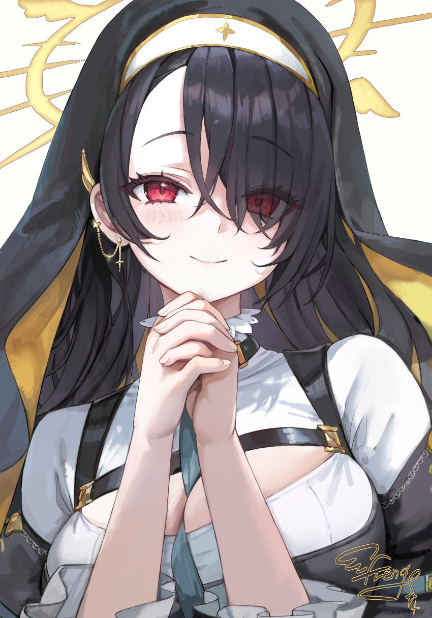 absurdres black_hair black_veil blue_archive blush cleavage_cutout closed_mouth clothing_cutout eyes_visible_through_hair female freng hair_over_one_eye halo highres hinata_(blue_archive) looking_at_viewer nun red_eyes simple_background smile solo veil white_background yellow_halo