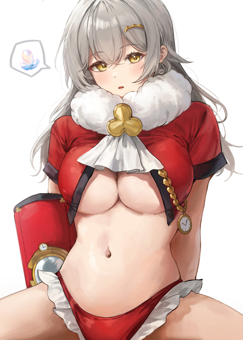 2gong_(9ujin_) breasts clock commentary cosplay female grey_hair hair_between_eyes hair_ornament highres honkai:_star_rail honkai_(series) long_hair looking_at_viewer medium_breasts pom-pom_(honkai:_star_rail) pom-pom_(honkai:_star_rail)_(cosplay) short_sleeves simple_background solo stelle_(honkai:_star_rail) trailblazer_(honkai:_star_rail) underboob white_background yellow_eyes