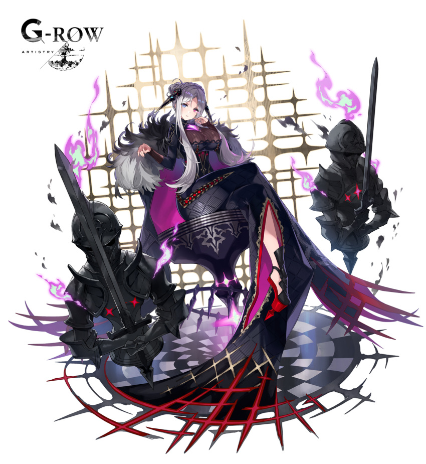 black_dress blue_eyes braid breasts dress female fire full_body grey_hair hair_bun hair_ornament hands_up heterochromia highres hlidskjalf holding holding_sword holding_weapon knight large_breasts long_hair looking_at_viewer official_art parted_bangs phantom_of_the_kill purple_fire red_eyes side_slit sitting solo sword to_maru weapon