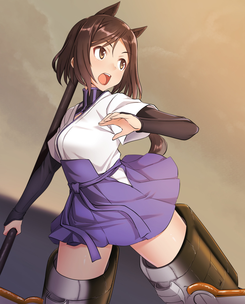 a9b_(louis814) absurdres animal_ears bridal_gauntlets brown_eyes brown_hair commentary_request dog_ears dog_girl dog_tail female hakama hakama_short_skirt hakama_skirt highres japanese_clothes kimono kuroda_kunika looking_away miniskirt noble_witches open_mouth photoshop_(medium) polearm purple_skirt short_hair short_sleeves skirt solo striker_unit tail turtleneck weapon white_kimono world_witches_series