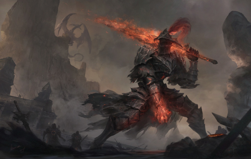 6+boys armor ashen_one_(dark_souls_3) breastplate dark_souls_(series) dark_souls_iii death dragon dragonslayer_armour fire flaming_hand flaming_sword flaming_weapon full_armor gauntlets helmet highres holding holding_sword holding_weapon konghai_shanren multiple_boys open_mouth outdoors over_shoulder pauldrons photoshop_(medium) rock ruins shoulder_armor smoke sword sword_over_shoulder torn_clothes weapon weapon_over_shoulder