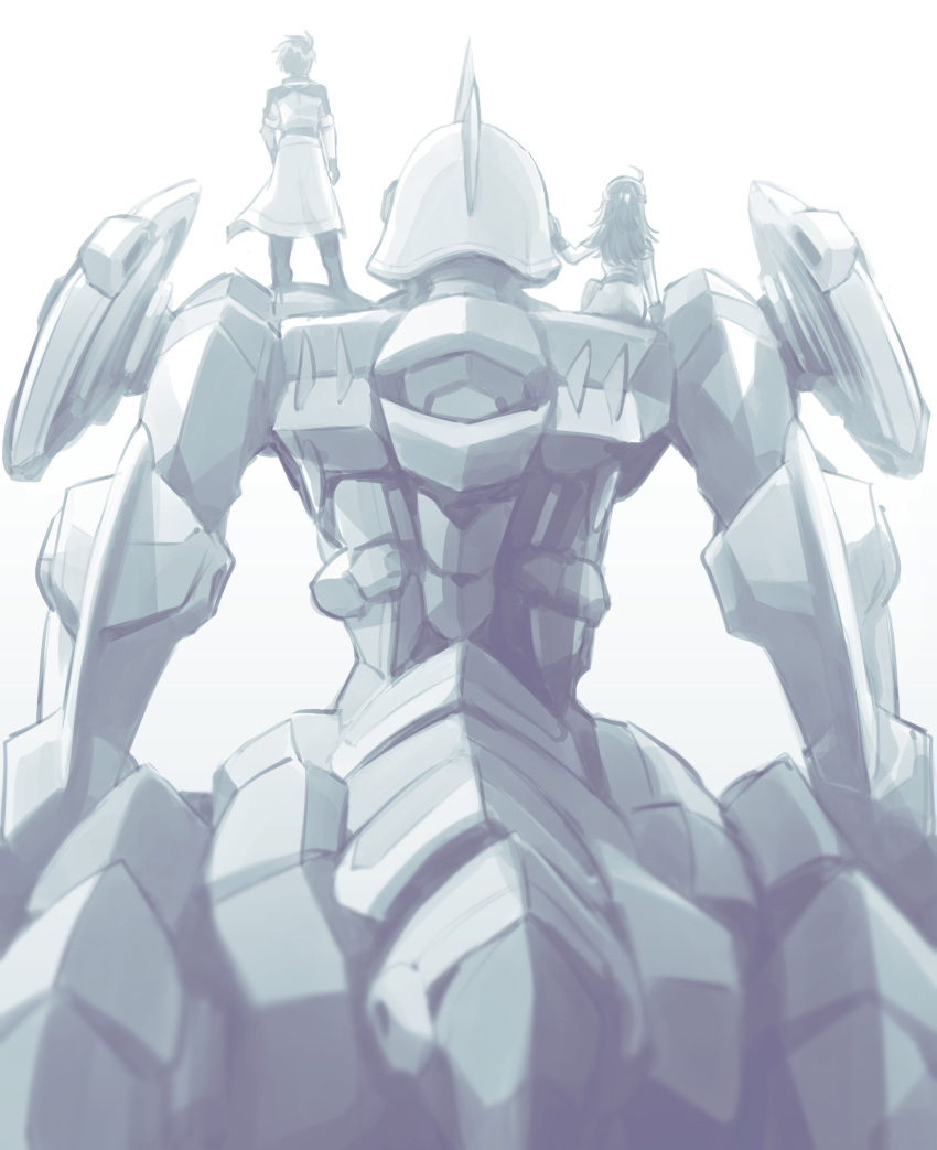 1boy absurdres adeltrud_walter archid_walter brother_and_sister centauroid female from_behind greyscale highres ishiyumi jacket knight's_&_magic long_hair mecha monochrome on_mecha on_shoulder robot siblings standing taur twins tzendolg white_background