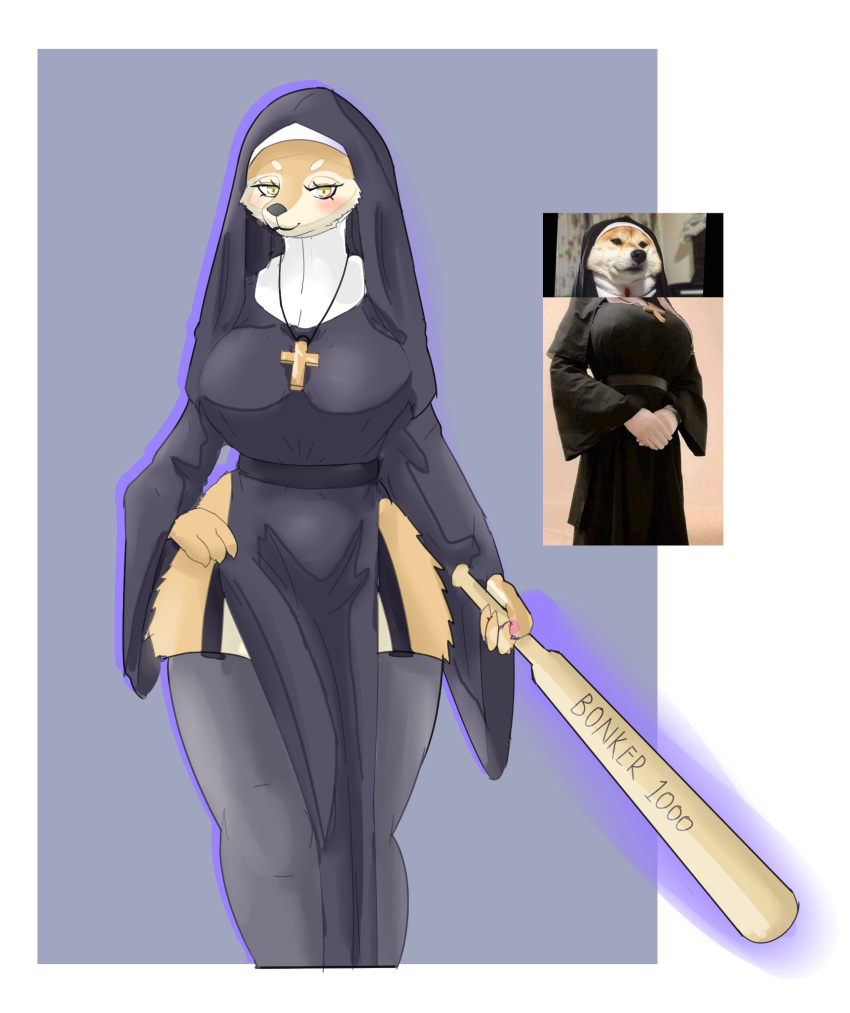 anthro baseball_bat bat_(object) bedroom_eyes blush bonk_(meme) canid canine canis clothed clothing domestic_dog female fur hi_res legwear looking_at_viewer mammal mangakitsune2 narrowed_eyes nun nun_outfit photo seductive shiba_inu simple_background smile smiling_at_viewer solo spitz text thick_thighs thigh_highs