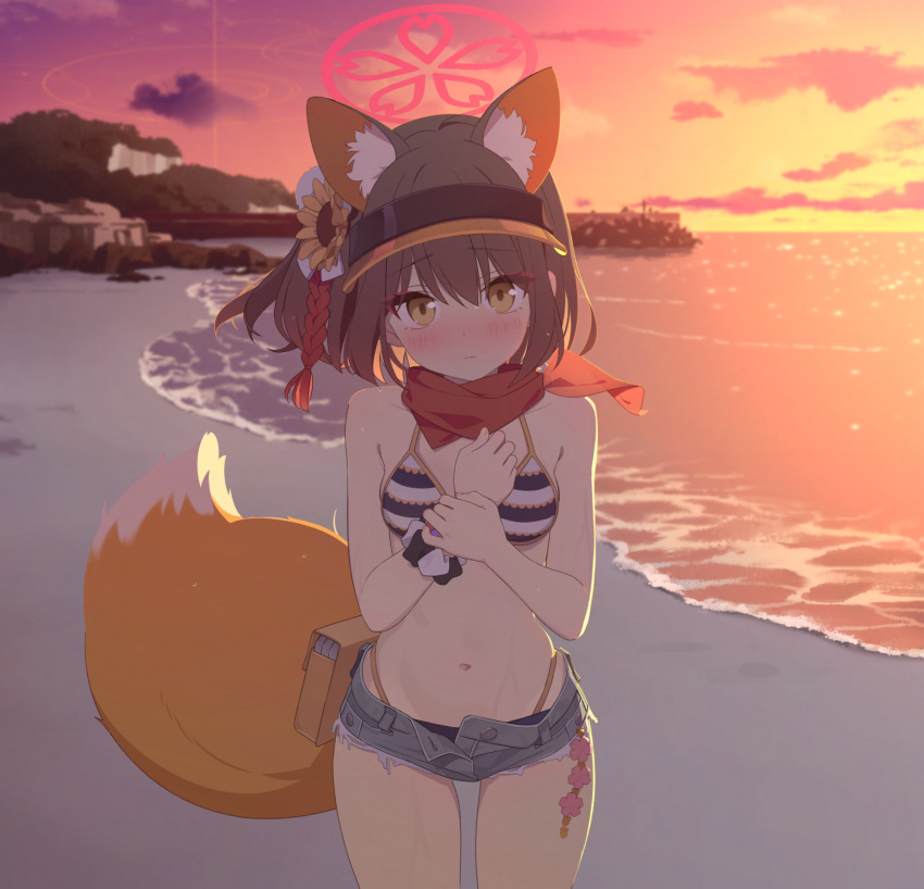 absurdres animal_ear_fluff animal_ears beach bikini blue_archive blush breasts brown_hair cutoffs denim denim_shorts eyeshadow female flower fox_ears fox_girl fox_tail game_cg hair_flower hair_ornament halo hand_on_own_chest highleg highleg_bikini highres holding_own_arm izuna_(blue_archive) izuna_(swimsuit)_(blue_archive) looking_at_viewer looking_down looking_to_the_side makeup medium_hair micro_shorts nail_polish navel non-web_source ocean official_alternate_costume official_art open_fly pink_halo pom_pom_(clothes) pom_pom_hair_ornament red_eyeshadow red_halo red_scarf rope sand scarf scrunchie shimenawa shorts small_breasts solo striped_bikini striped_clothes sunflower sunflower_hair_ornament swimsuit tail visor_cap wrist_scrunchie yellow_eyes yellow_nails yutokamizu