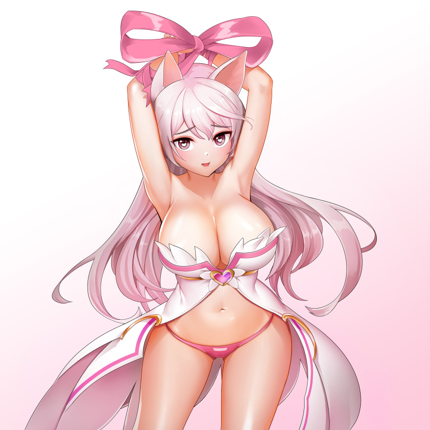 absurdres animal_ears ara_haan arms_up bare_arms bare_legs breasts cleavage collarbone commentary commission dopamine70 dress elsword eun_(elsword) female fox_ears highres large_breasts long_hair long_ribbon looking_at_viewer navel open_mouth panties photoshop_(medium) pink_dress pink_eyes pink_hair pink_panties pink_ribbon restrained ribbon solo underwear