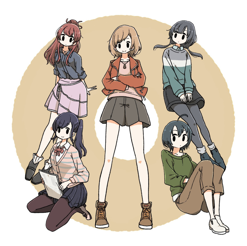 5girls ahoge arms_behind_back black_hair bow bowtie brown_hair capri_pants cardigan crossed_arms hair_bun highres holding imai_midori jacket miyamori_aoi multiple_girls pants pantyhose ponytail purple_hair red_hair red_jacket sakaki_shizuka seiza shirobako shoes short_hair single_hair_bun sitting skirt sneakers solid_oval_eyes standing striped_cardigan tameikirakuda toudou_misa yasuhara_ema