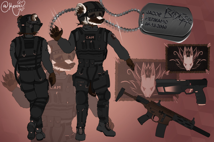 absurd_res anthro assault_rifle badger black_body boots bottomwear brown_body brown_eyes brown_fur brown_hair c.a.m. capensis claws clothed clothing combat_boots digital_drawing_(artwork) digital_media_(artwork) digitigrade dog_tags femboy fingers fluffy fluffy_ears fluffy_hair footwear fur gun hair handgun headgear hi_res honey_badger honey_badger_(gun) jacob_"honey"_hermanios kradee lokrad looking_at_viewer male mammal mellivora military military_helmet military_pants military_uniform model_sheet mustelid musteline patch_(fabric) pistol pistol_holster prototype_9 ranged_weapon rifle screen simple_background smile soldier solo special_forces streetwear tail techwear text topwear tuft uniform warrior weapon white_body white_fur white_hair