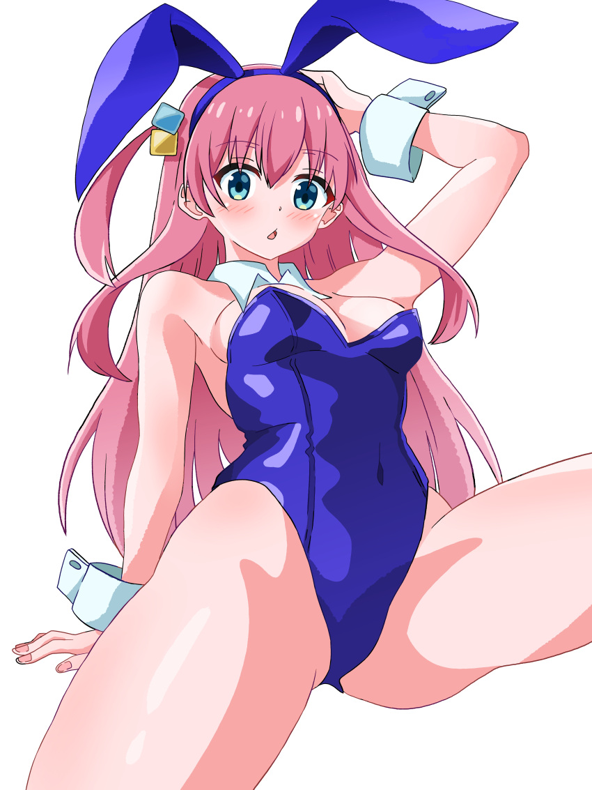 absurdres amanotti_01 animal_ears anime_coloring bare_legs blue_eyes blue_leotard bocchi_the_rock! breasts covered_navel cube_hair_ornament detached_collar female gotoh_hitori hair_ornament highres large_breasts leotard long_hair one_side_up pink_hair playboy_bunny rabbit_ears simple_background solo white_background wrist_cuffs