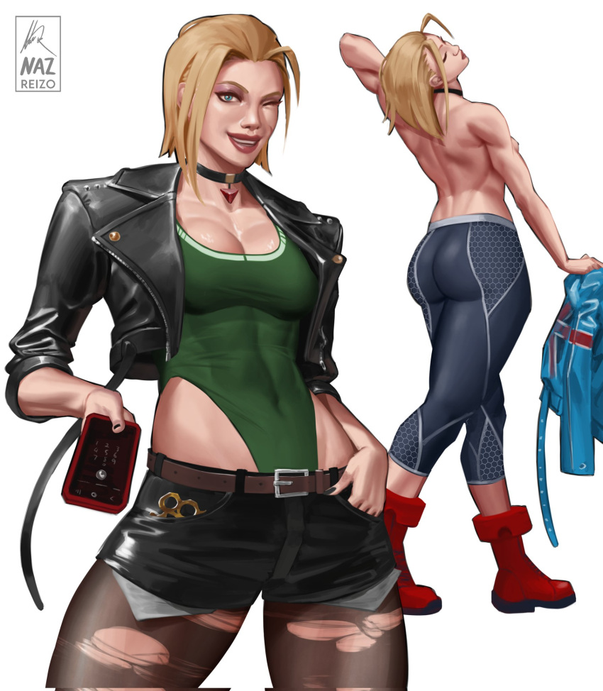 alternate_costume artist_name ass belt black_choker black_jacket black_pantyhose black_shorts blonde_hair blue_eyes boots breasts brown_belt cammy_white cellphone choker cleavage closed_eyes covered_navel cropped_jacket female green_leotard grey_pants highres holding holding_jacket holding_phone holding_unworn_clothes jacket leather leather_jacket leotard looking_at_viewer medium_breasts multiple_views nazreizo one_eye_closed open_clothes open_jacket pants pantyhose pendant_choker phone red_footwear short_shorts shorts simple_background smartphone street_fighter street_fighter_6 topless torn_clothes torn_pantyhose unworn_jacket white_background