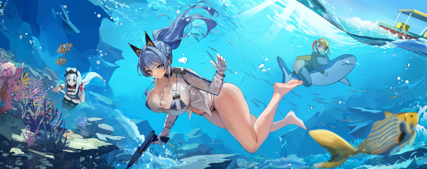 3girls absurdres air_bubble anchor_(anchor_the_diver)_(nikke) anchor_(nikke) animal barefoot bikini bikini_under_clothes blue_eyes blue_hair blue_sky braid breasts bubble clownfish commentary coral dave_the_diver day diving_mask diving_suit fish full_body gloves goddess_of_victory:_nikke goggles hair_ornament helm_(aqua_marine)_(nikke) helm_(nikke) hido_(cherryhido) highleg highleg_bikini highres holding holding_weapon large_breasts long_hair long_sleeves mast_(mast_the_diver)_(nikke) mast_(nikke) multiple_girls navel ocean outdoors ponytail shark shiny_skin sky starfish stomach swimsuit thighs toes twintails underwater water weapon