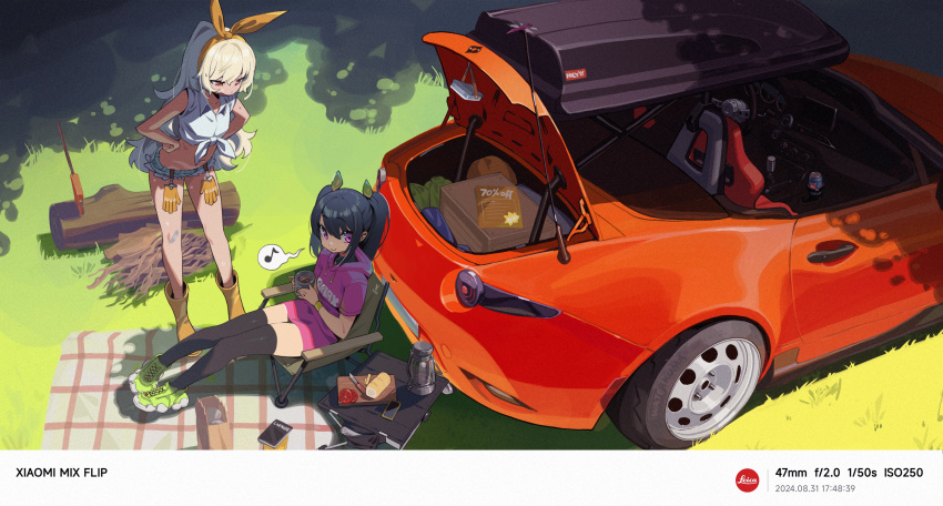 2girls absurdres black_hair blonde_hair book boots border car car_trunk chair clothes_writing crop_top cup cutting_board food front-tie_top gloves grass hairband hands_on_own_hips highres holding holding_cup hood hood_down log mazda_mx-5 motor_vehicle multiple_girls musical_note open_mouth original pink_eyes shirt shoes short_shorts short_sleeves shorts sidelocks sitting smile sneakers standing sweat thighhighs twintails waterkuma xiaomi