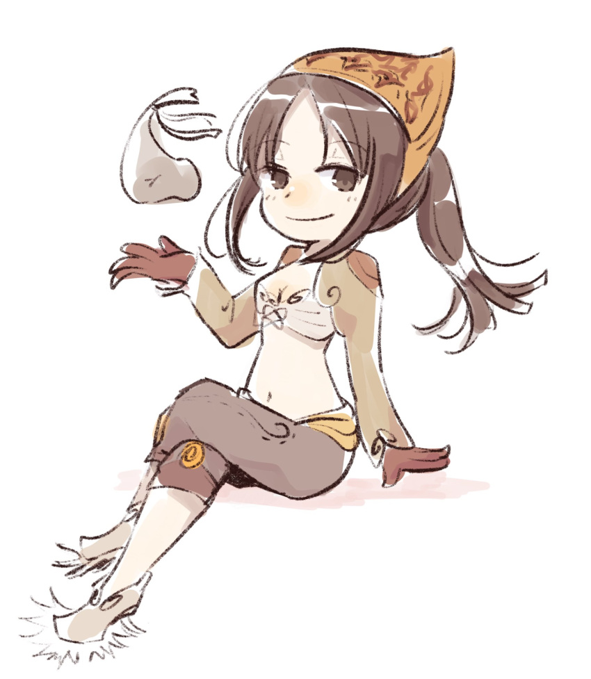 arm_support boots bow bow_bra bra breasts brown_bandana brown_eyes brown_gloves brown_hair brown_jacket brown_shorts cleavage closed_mouth commentary_request female full_body fur-trimmed_boots fur_trim gloves highres hunihuni jacket long_hair long_sleeves looking_at_viewer medium_breasts navel ponytail ragnarok_online sack shorts shrug_(clothing) simple_background sitting smile solo thief_(ragnarok_online) underwear white_background white_bra