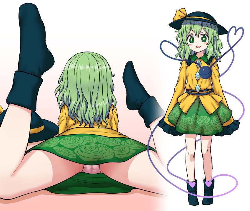 ass female green_eyes green_hair green_skirt hat heart heart_of_string highres itou_yuuji komeiji_koishi long_sleeves open_mouth panties shirt short_hair skirt smile solo third_eye touhou underwear yellow_shirt