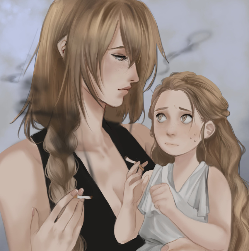 1boy absurdres blonde_hair carrying child_carry cigarette elden_ring female grey_background highres miquella_(elden_ring) mother_and_son queen_marika_the_eternal raviollies smoke smoking sweatdrop upper_body worried yellow_eyes