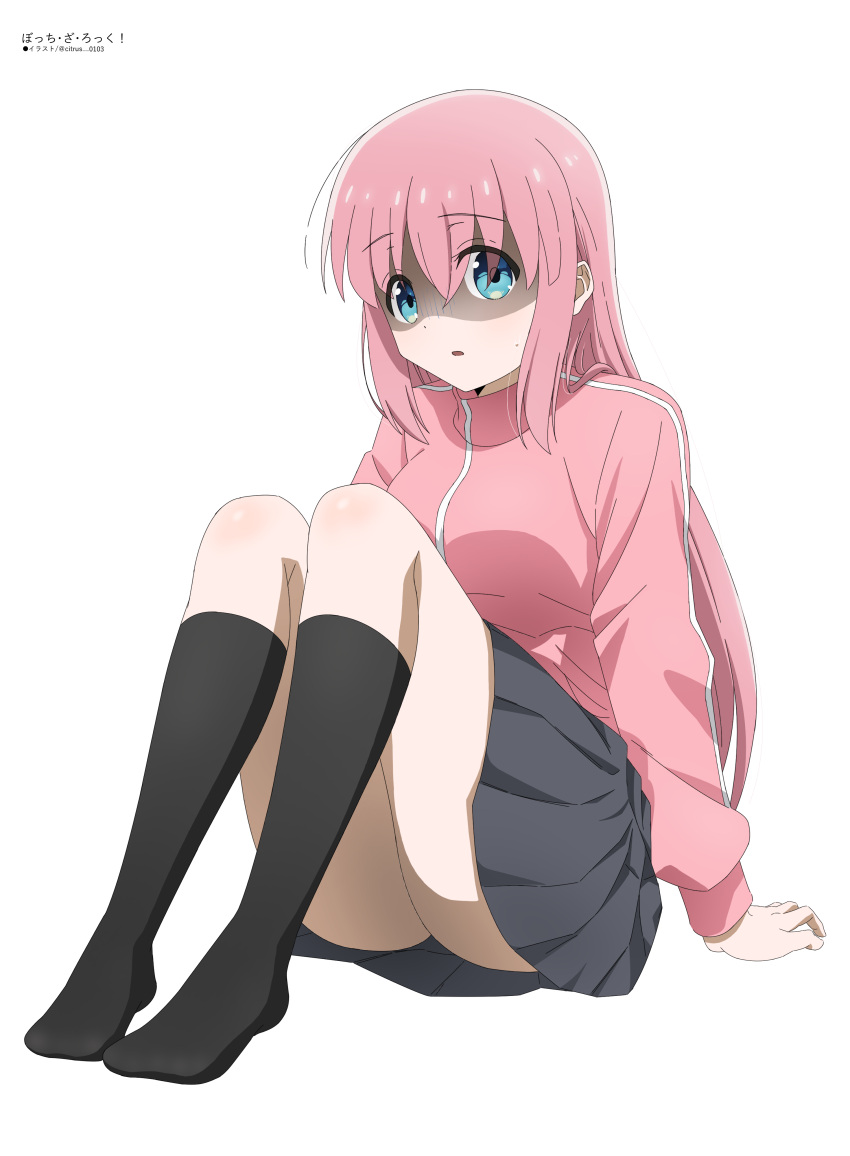 absurdres black_socks blue_eyes bocchi_the_rock! breasts cube_hair_ornament emily0103 female gotoh_hitori grey_skirt hair_ornament highres jacket knees_up large_breasts long_hair long_sleeves looking_at_viewer open_mouth pink_hair pink_jacket pink_track_suit scared shaded_face simple_background skirt socks solo track_jacket trembling white_background