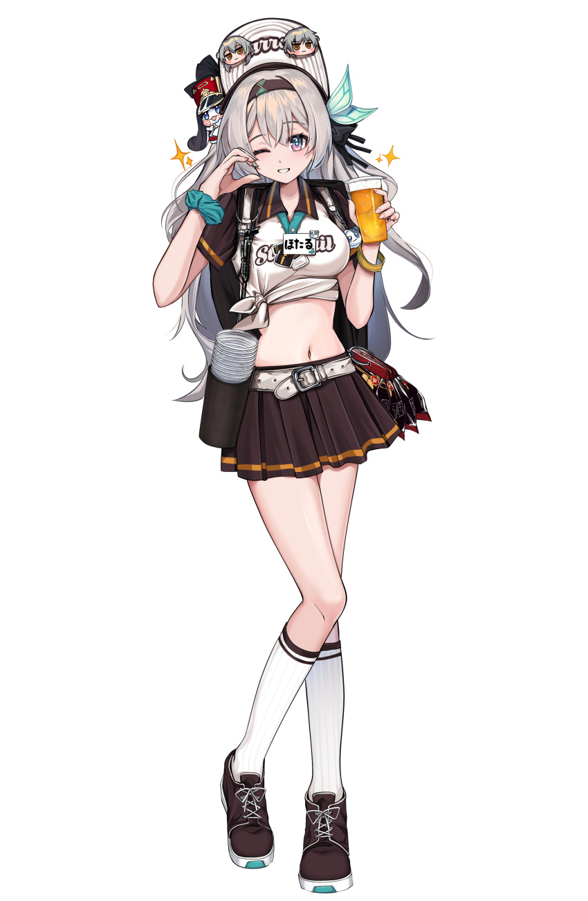 absurdres alcohol alternate_costume baba_kirika beer belt black_hairband brown_footwear brown_skirt caelus_(honkai:_star_rail) collared_shirt cross-laced_footwear cup female firefly_(honkai:_star_rail) full_body green_scrunchie grey_hair hair_ornament hairband highres holding holding_cup honkai:_star_rail honkai_(series) kneehighs long_hair looking_at_viewer multicolored_eyes navel one_eye_closed parted_lips pom-pom_(honkai:_star_rail) scrunchie shirt shoes simple_background skirt smile socks solo standing stelle_(honkai:_star_rail) stomach trailblazer_(honkai:_star_rail) white_background white_belt white_socks wrist_scrunchie